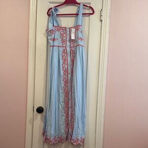 J Marie Embroidered Blue and Coral Maxi Dress